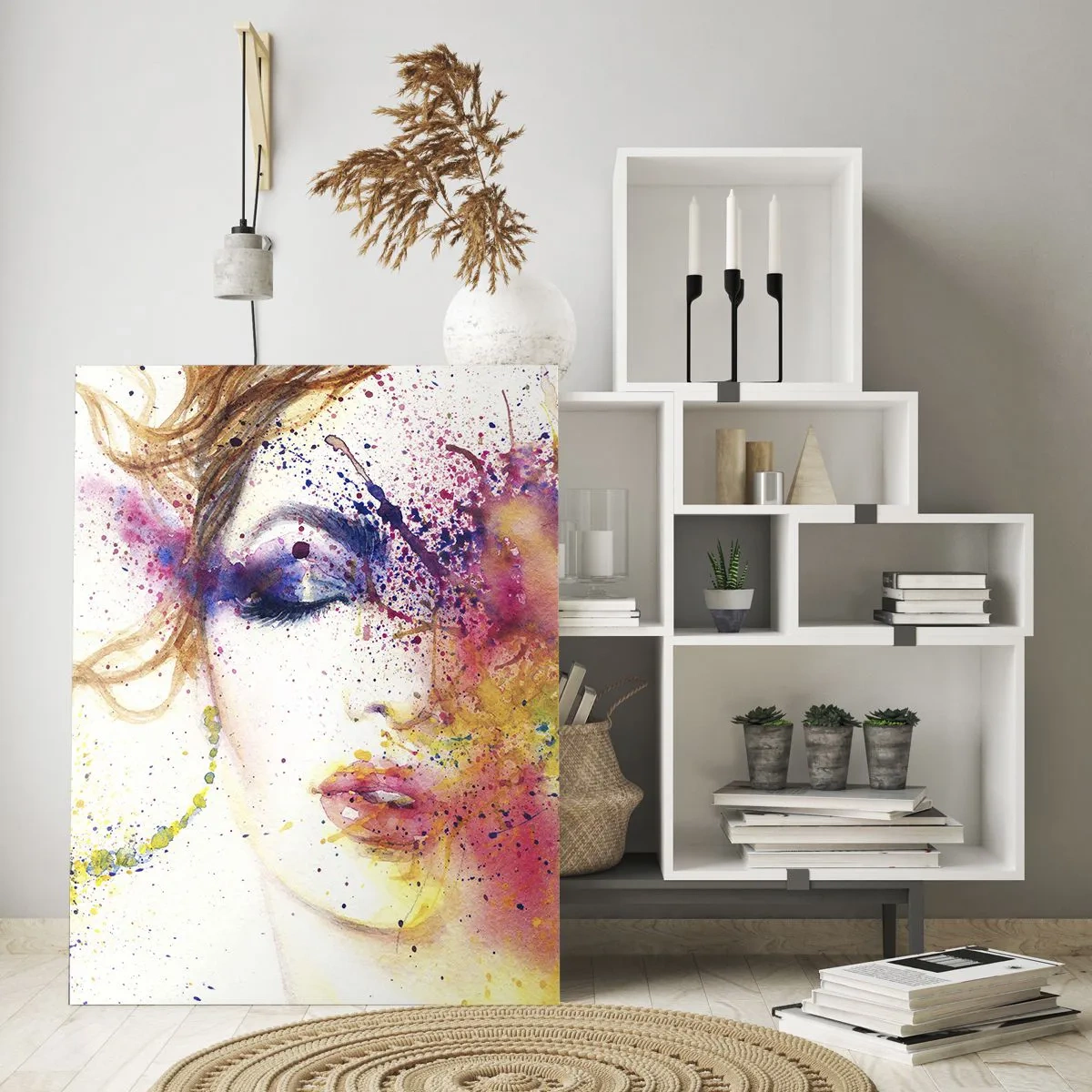 Impression sur verre - Image sur verre - Portrait abstrait d'une femme avec des éclaboussures de peinture arc-en-ciel - 50x70cm - Vertiges arc-en-ciel - Décoration murale moderne pour le salon et la chambre ARTTOR