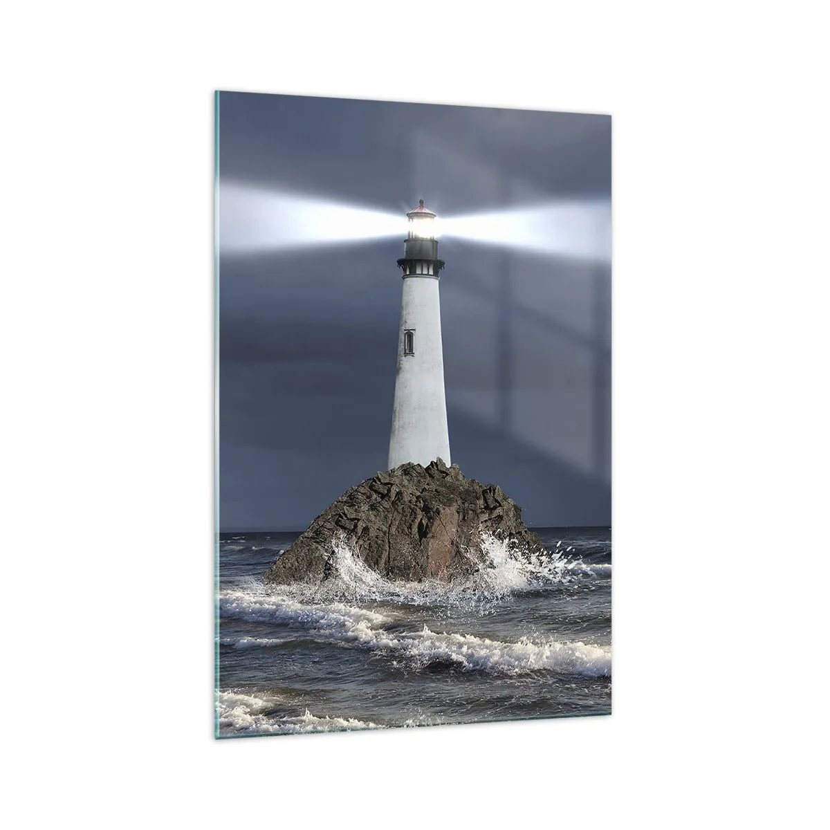 Impression sur verre - Image sur verre - Un phare sur un rocher entouré d'une mer agitée - 70x100cm - I… i… ici ! - Décoration murale moderne pour le salon et la chambre ARTTOR