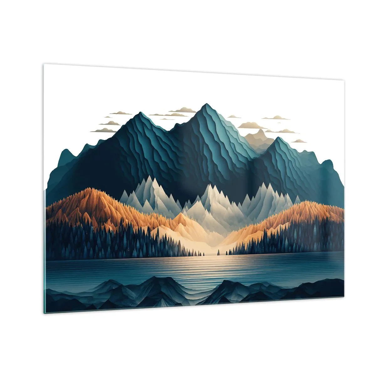 Impression sur verre - Image sur verre - Paysage de montagne stylisé avec une forêt et un lac - 100x70cm - Paysage de montagne parfait - Décoration murale moderne pour le salon et la chambre ARTTOR