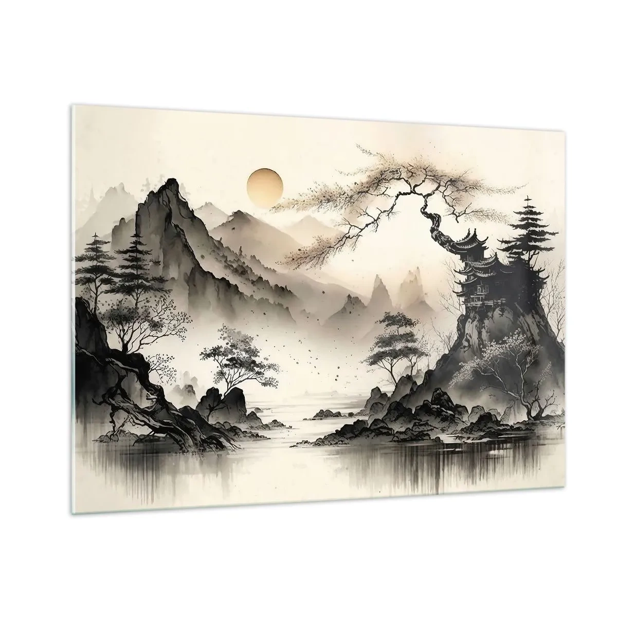 Impression sur verre - Image sur verre - Paysage de montagne oriental avec une pagode et des arbres - 100x70cm - Le charme unique de l'Orient - Décoration murale moderne pour le salon et la chambre ARTTOR
