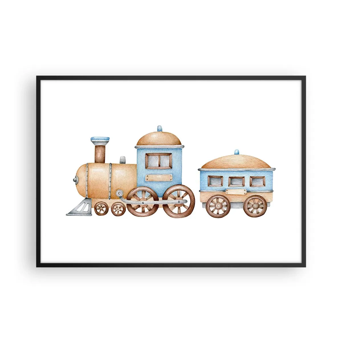 Affiche dans un cadre noir - Poster - Dessin d'un train aux tons pastel sur fond blanc - 100x70cm - Il est à la gare... - Décoration murale moderne pour le salon et la chambre ARTTOR