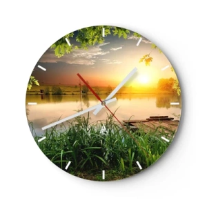Horloge murale - Pendule murale - Vue pittoresque du lac au coucher du soleil - 30x30cm - Paysage dans un cadre verdoyant - Décoration murale moderne pour le salon, la cuisine et la chambre ARTTOR
