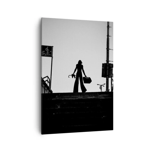 Impression sur toile - Image sur toile - Une figure de femme dans les escaliers en noir et blanc avec une atmosphère dynamique - 70x100cm - Pèlerinage urbain - Décoration murale moderne pour le salon et la chambre ARTTOR