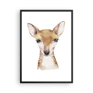 Affiche dans un cadre noir - Poster - Portrait à l'aquarelle d'un jeune faon sur fond blanc - 50x70cm - L'innocence de la nature - Décoration murale moderne pour le salon et la chambre ARTTOR