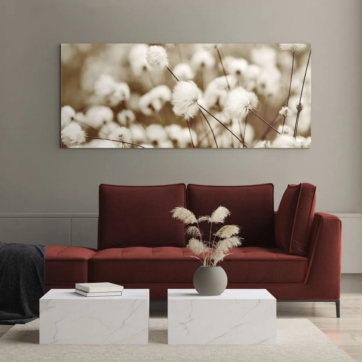 Impression sur verre - Image sur verre - Un champ de plantes délicates aux tons sépia - 120x50cm - Tige moelleuse - Décoration murale moderne pour le salon et la chambre ARTTOR