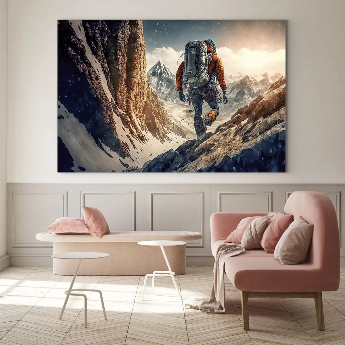 Impression sur verre - Image sur verre - Un randonneur escaladant un flanc de montagne rocheux et enneigé - 70x50cm - Guerrier solitaire - Décoration murale moderne pour le salon et la chambre ARTTOR