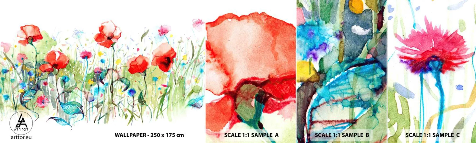 Échantillon De Papier Peint Standard Eco - Prairie de fleurs en mai - Fleurs, Coquelicots, Jardin - 100x30 cm