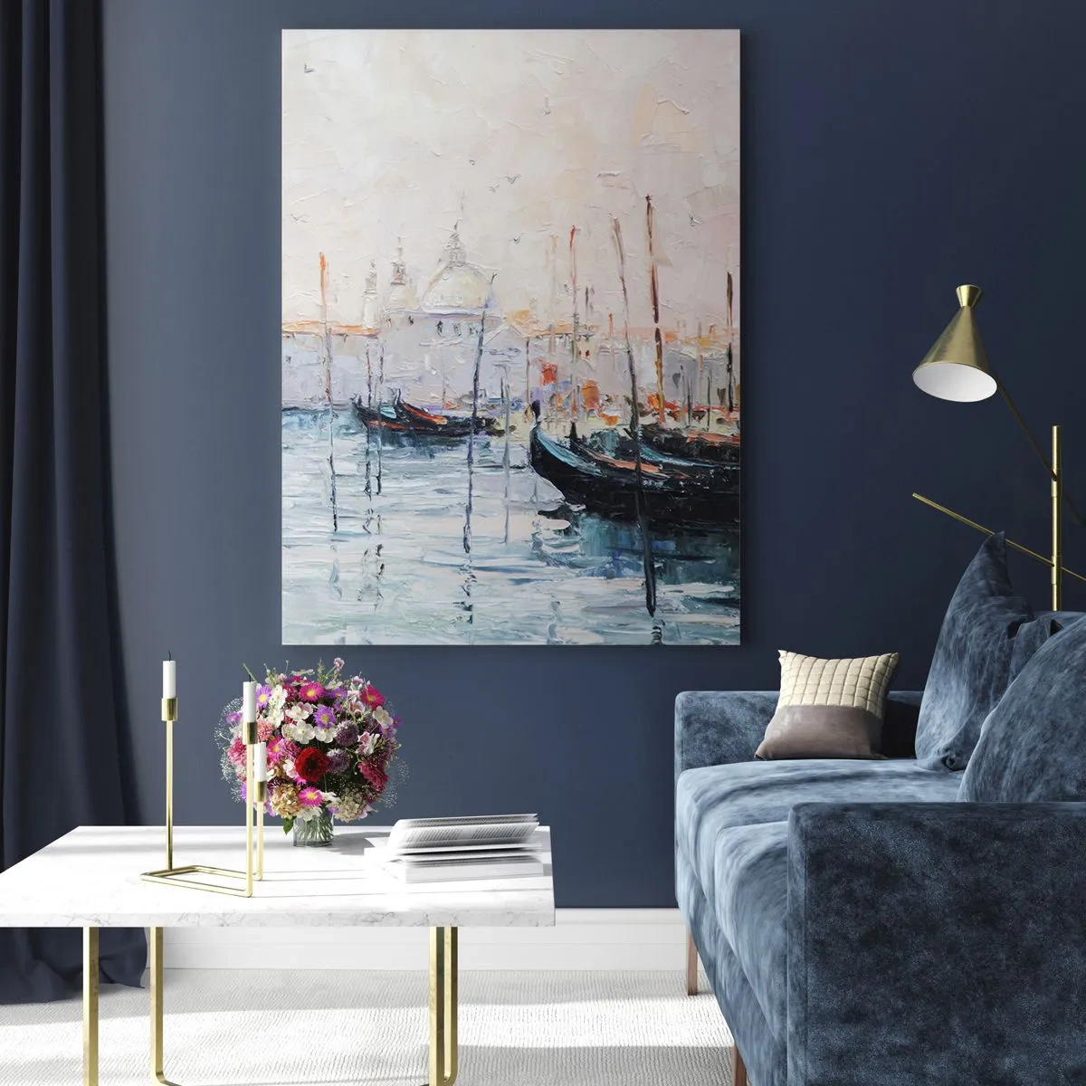 Impression sur verre - Image sur verre - Vue pittoresque des canaux avec des bateaux aux couleurs pastel - 80x120cm - Derrière l'eau, derrière le brouillard - Décoration murale moderne pour le salon et la chambre ARTTOR