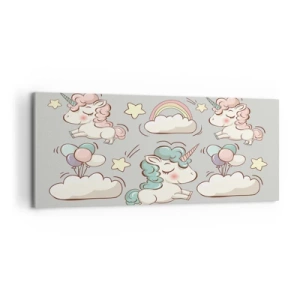 Impression sur toile - Image sur toile - Licornes mignonnes sur fond pastel - 120x50cm - Ils existe, c'est sûr… - Décoration murale moderne pour le salon et la chambre ARTTOR