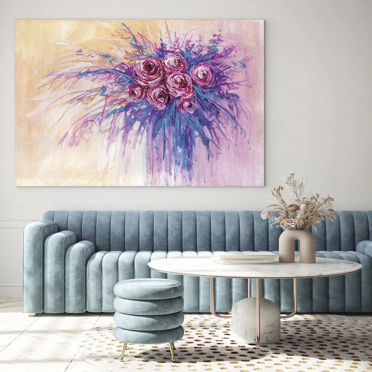 Impression sur verre - Image sur verre - Un bouquet de roses dans les tons de rose et de violet sur un fond pastel - 70x50cm - Fontaine aux roses - Décoration murale moderne pour le salon et la chambre ARTTOR