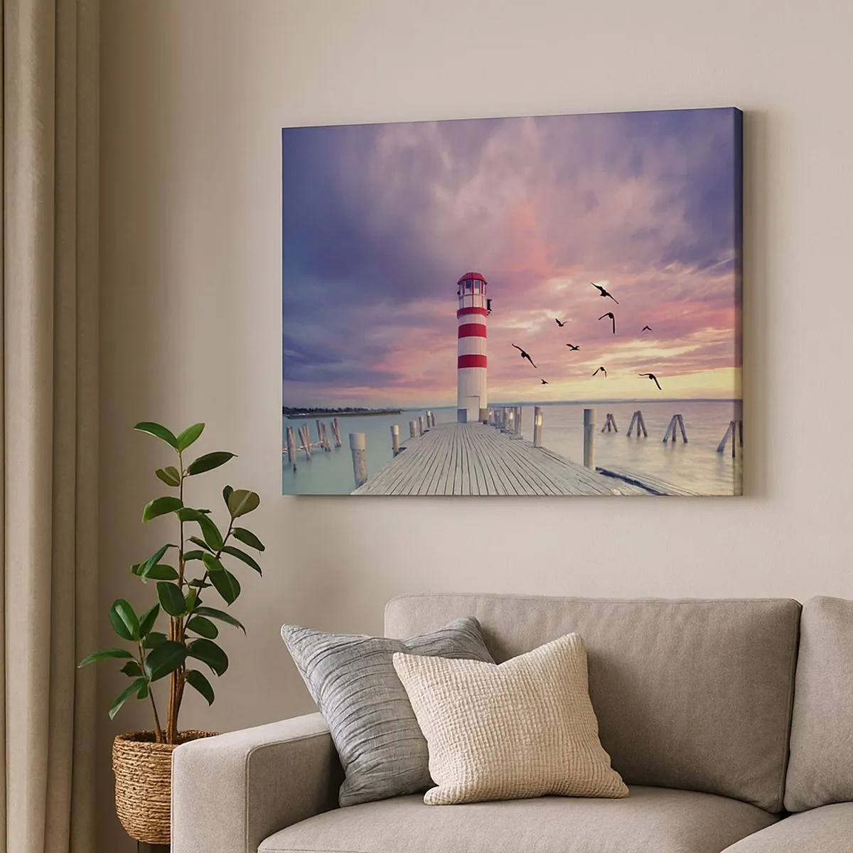 Impression sur toile - Image sur toile - Un phare sur la jetée entouré d'un coucher de soleil pittoresque - 70x50cm - C'est l'heure d'aller au port - Décoration murale moderne pour le salon et la chambre ARTTOR