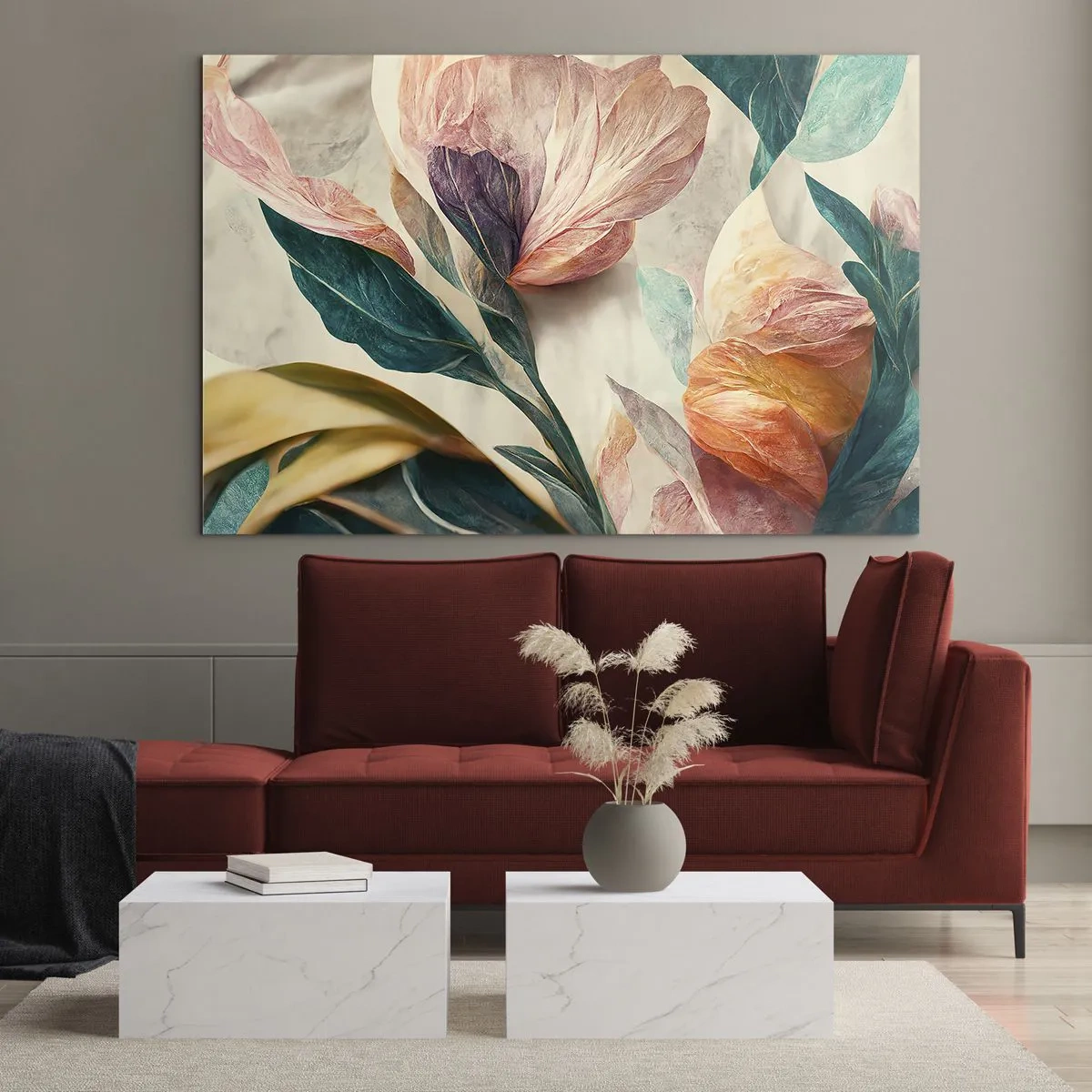 Impression sur verre - Image sur verre - Fleurs et feuilles exotiques aux couleurs pastel dans un style botanique - 70x50cm - Fleurs des îles du sud - Décoration murale moderne pour le salon et la chambre ARTTOR