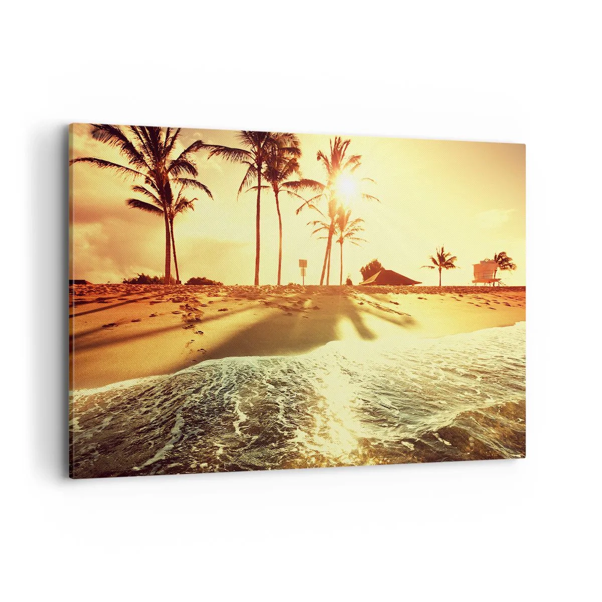 Impression sur toile - Image sur toile - Une plage avec des palmiers illuminée par un coucher de soleil chaud - 120x80cm - Après-midi californien - Décoration murale moderne pour le salon et la chambre ARTTOR