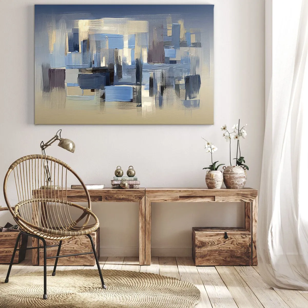 Impression sur toile - Image sur toile - Formes géométriques dans les tons de bleu et de beige - 70x50cm - Construction bleue - Décoration murale moderne pour le salon et la chambre ARTTOR