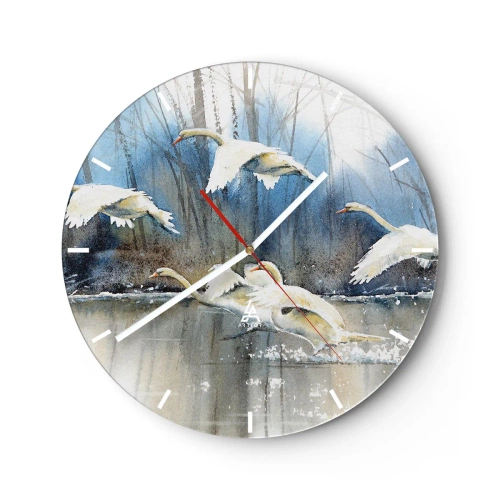 Horloge murale - Pendule murale - Cygnes s'envolant de la surface du lac avec la forêt en arrière-plan - 30x30cm - Comme dans un conte de fées sur les cygnes sauvages - Décoration murale moderne pour le salon, la cuisine et la chambre ARTTOR