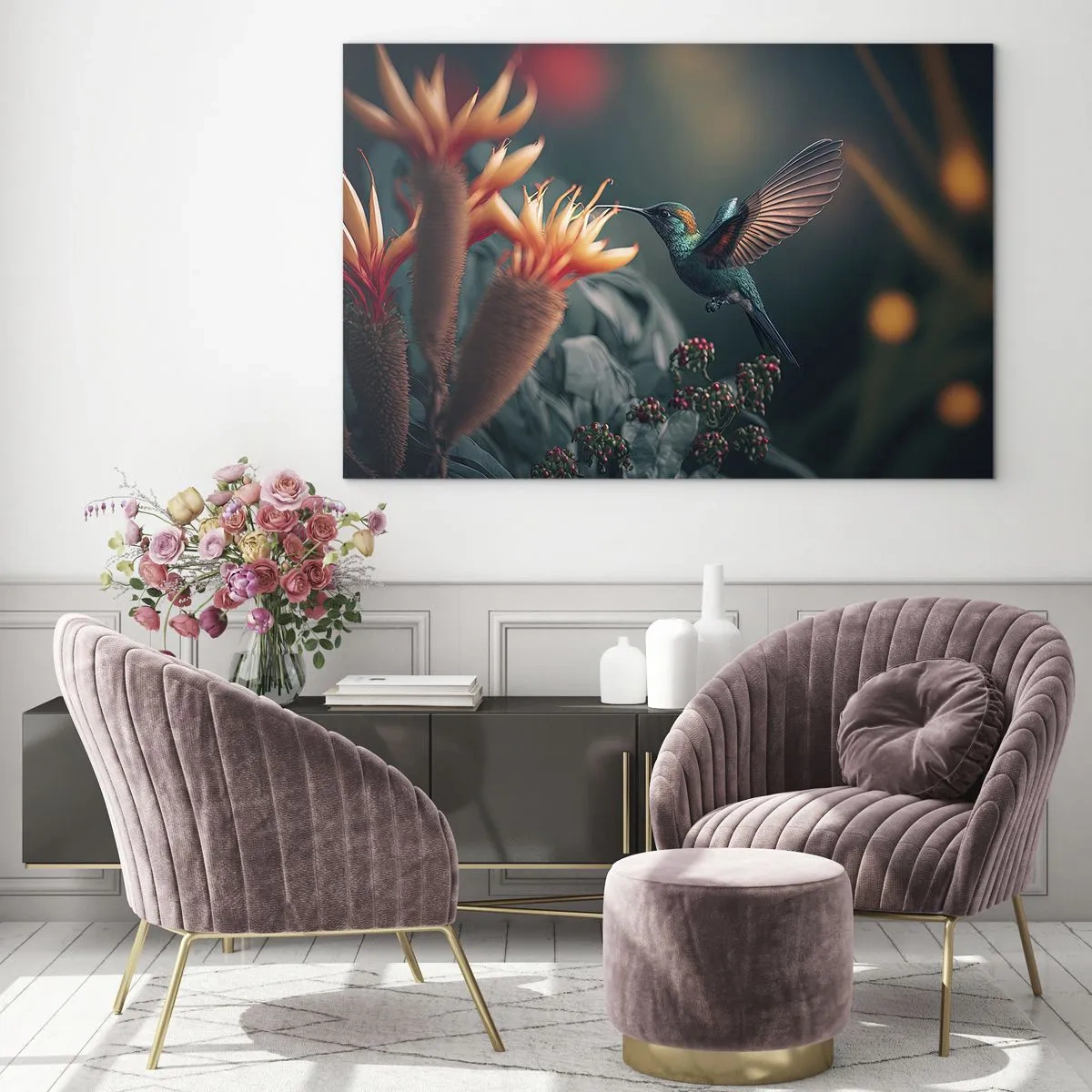 Impression sur verre - Image sur verre - Un colibri plane au-dessus de fleurs exotiques parmi les feuilles. - 70x50cm - une vie vraiment colorée - Décoration murale moderne pour le salon et la chambre ARTTOR