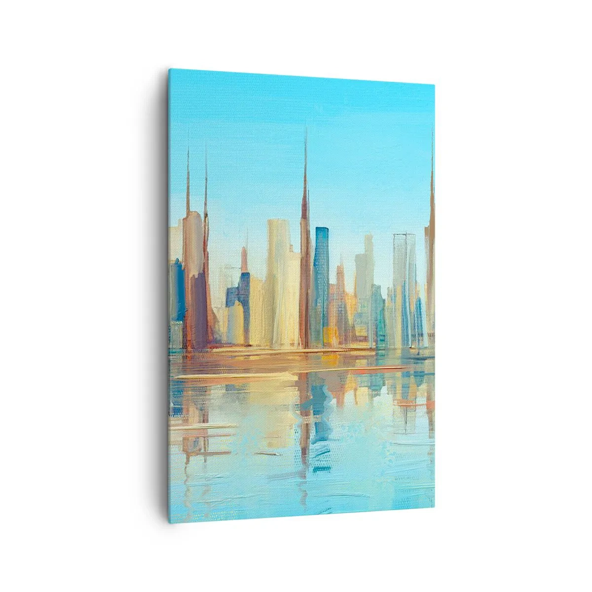 Impression sur toile - Image sur toile - Un panorama de la ville aux couleurs chaudes avec reflet dans l'eau - 80x120cm - Une métropole ensoleillée - Décoration murale moderne pour le salon et la chambre ARTTOR