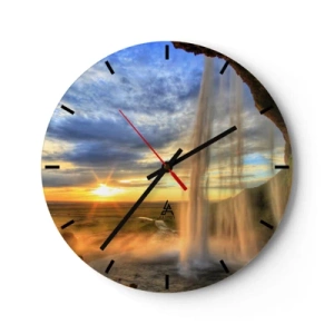 Horloge murale - Pendule murale - Cascade avec vue sur le coucher du soleil - 30x30cm - Le monde derrière un voile de gouttes - Décoration murale moderne pour le salon, la cuisine et la chambre ARTTOR