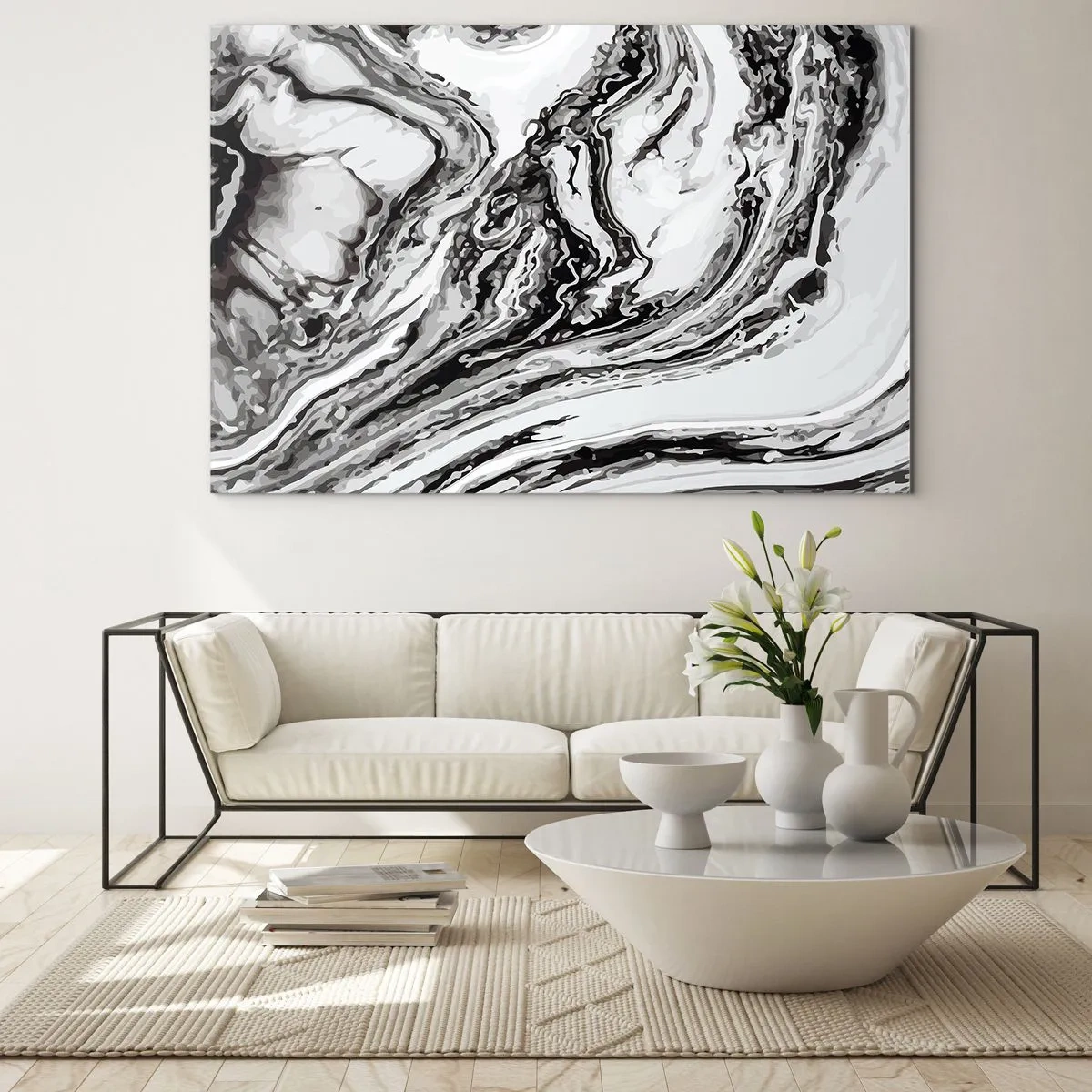 Impression sur verre - Image sur verre - Un motif abstrait dans des tons de noir et blanc ressemblant à des vagues. - 70x50cm - Au début, c'était le chaos - Décoration murale moderne pour le salon et la chambre ARTTOR