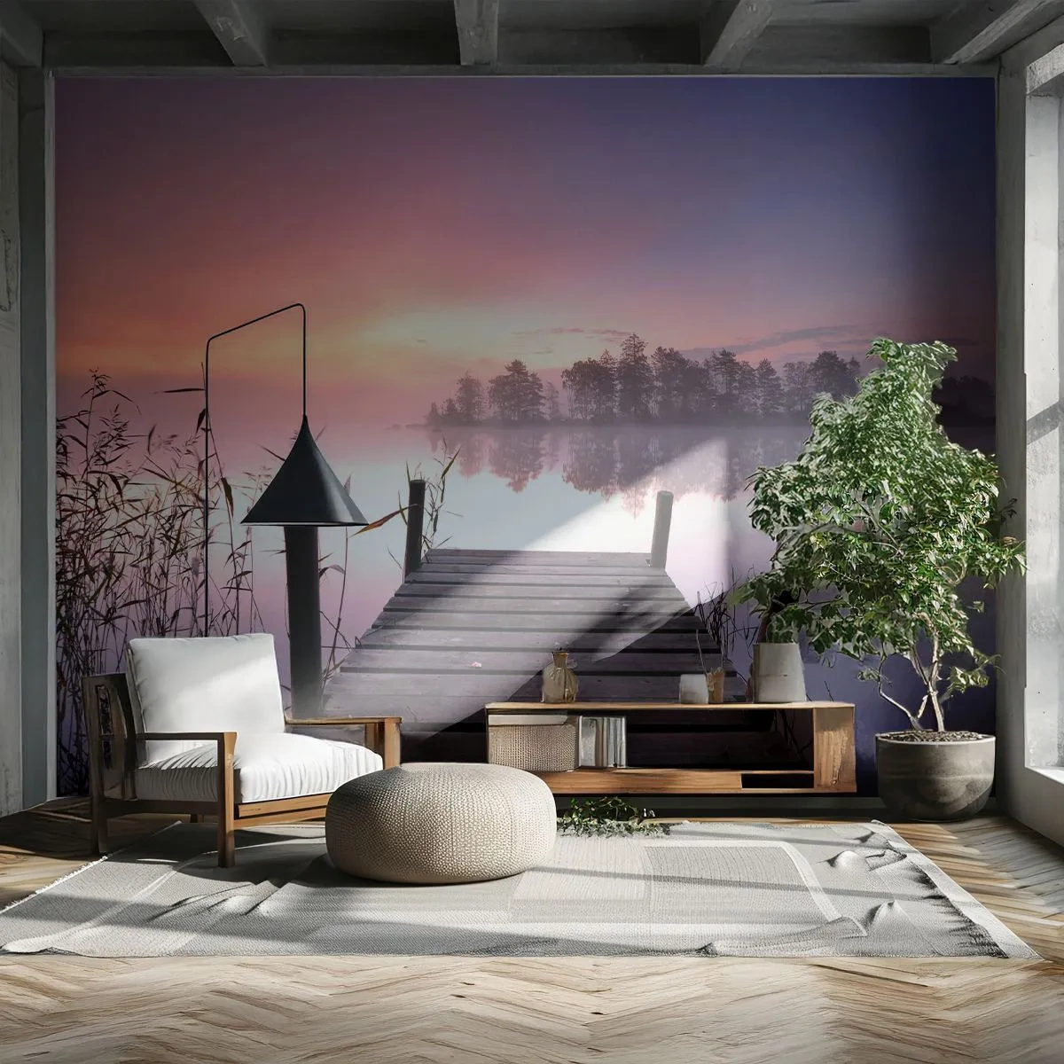 Papier Peint Autocollant Deluxe Sticker - De la brume lilas… - Paysage, Lever du soleil, Lac - 250x175 cm