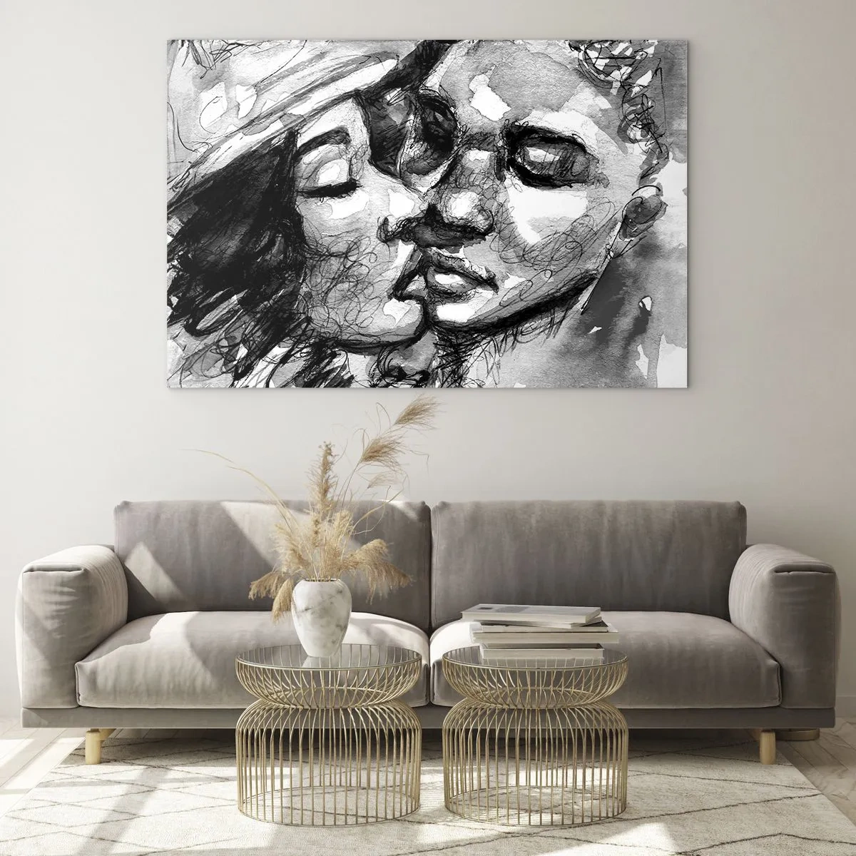 Impression sur verre - Image sur verre - Croquis en noir et blanc d'un tendre baiser - 70x50cm - Un moment tendre - Décoration murale moderne pour le salon et la chambre ARTTOR