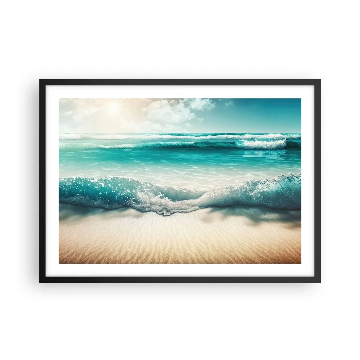 Affiche dans un cadre noir - Poster - Vagues de l'océan sur une plage de sable clair - 70x50cm - La paix de l'océan - Décoration murale moderne pour le salon et la chambre ARTTOR