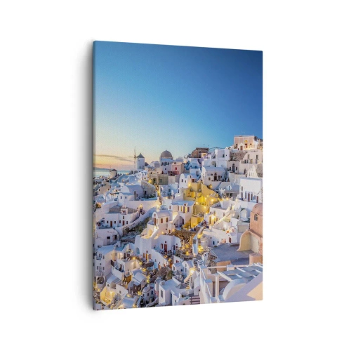 Impression sur toile - Image sur toile - Vue d'une ville grecque au coucher du soleil - 50x70cm - L'essence de la grecque - Décoration murale moderne pour le salon et la chambre ARTTOR