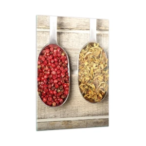 Impression sur verre - Image sur verre - Trois cuillères à épices sur un fond en bois rustique - 50x70cm - Magie de la cuisine - Décoration murale moderne pour le salon et la chambre ARTTOR