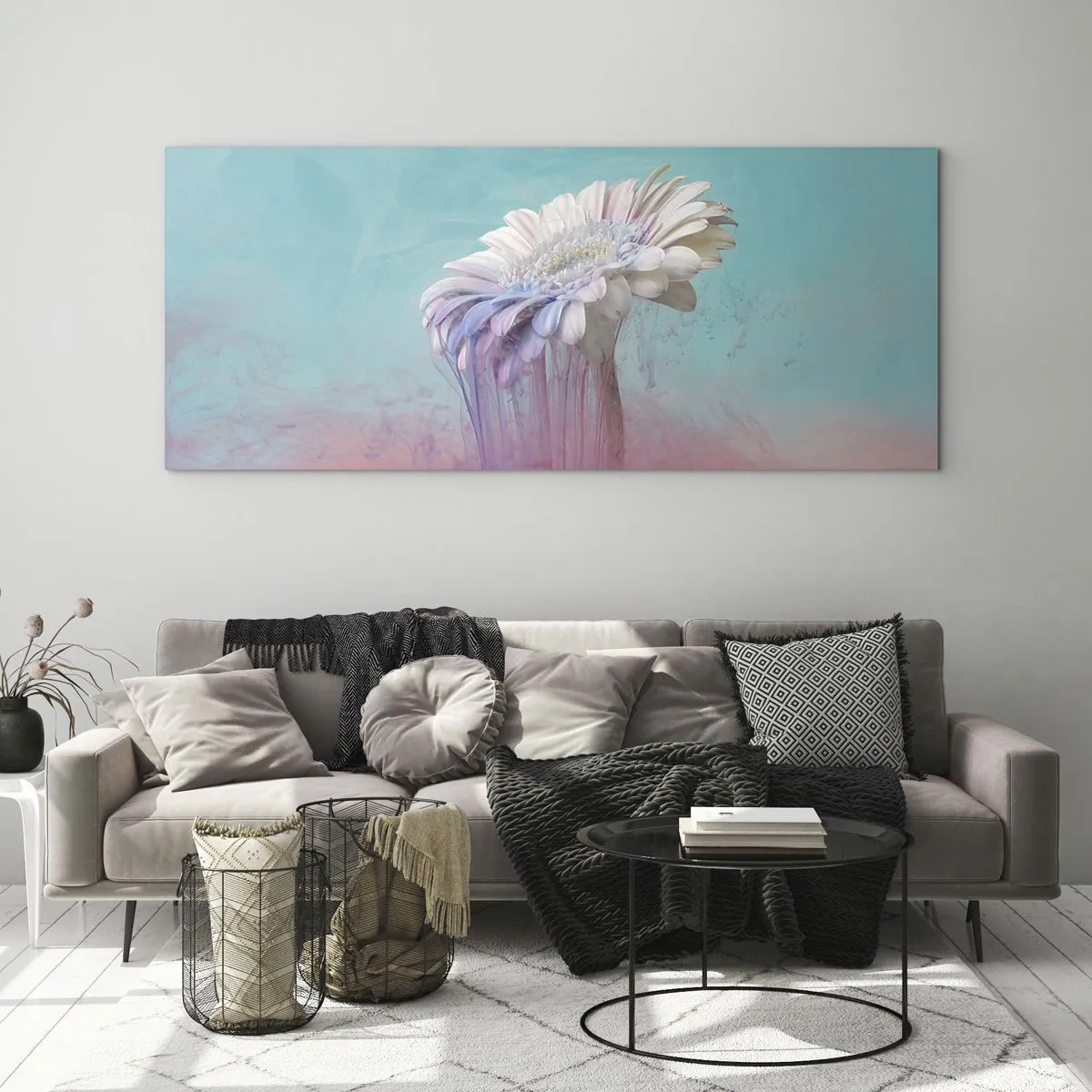 Impression sur verre - Image sur verre - Gerbera pastel avec effet flou - 120x50cm - Le monde souterrain des fleurs - Décoration murale moderne pour le salon et la chambre ARTTOR