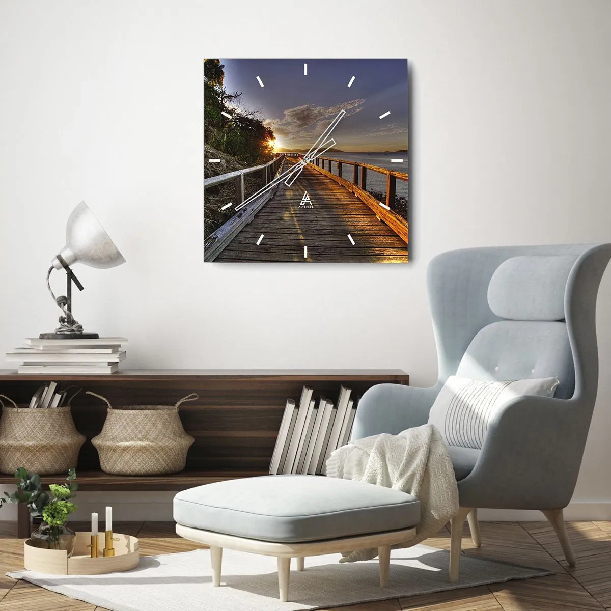 Horloge murale - Pendule murale - Une jetée en bois mène vers le coucher de soleil sur l'eau - 30x30cm - Aller, aller tout le temps en direction du soleil - Décoration murale moderne pour le salon et la chambre ARTTOR
