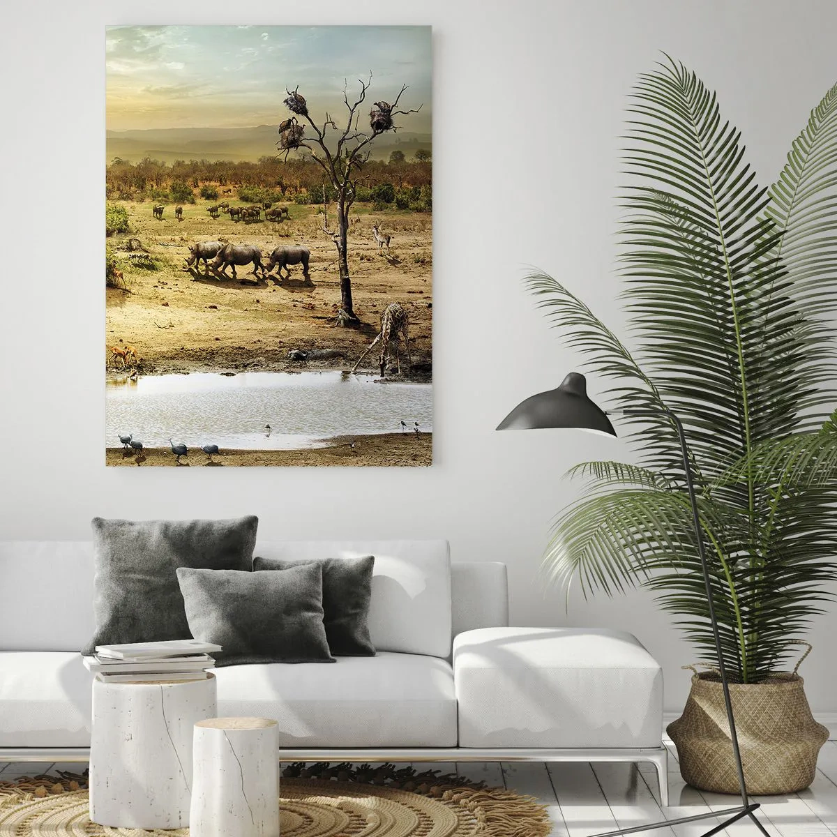 Impression sur verre - Image sur verre - Éléphants et animaux sauvages à un point d'eau au coucher du soleil - 70x100cm - "Et d'Eden coulait une rivière..." - Décoration murale moderne pour le salon et la chambre ARTTOR