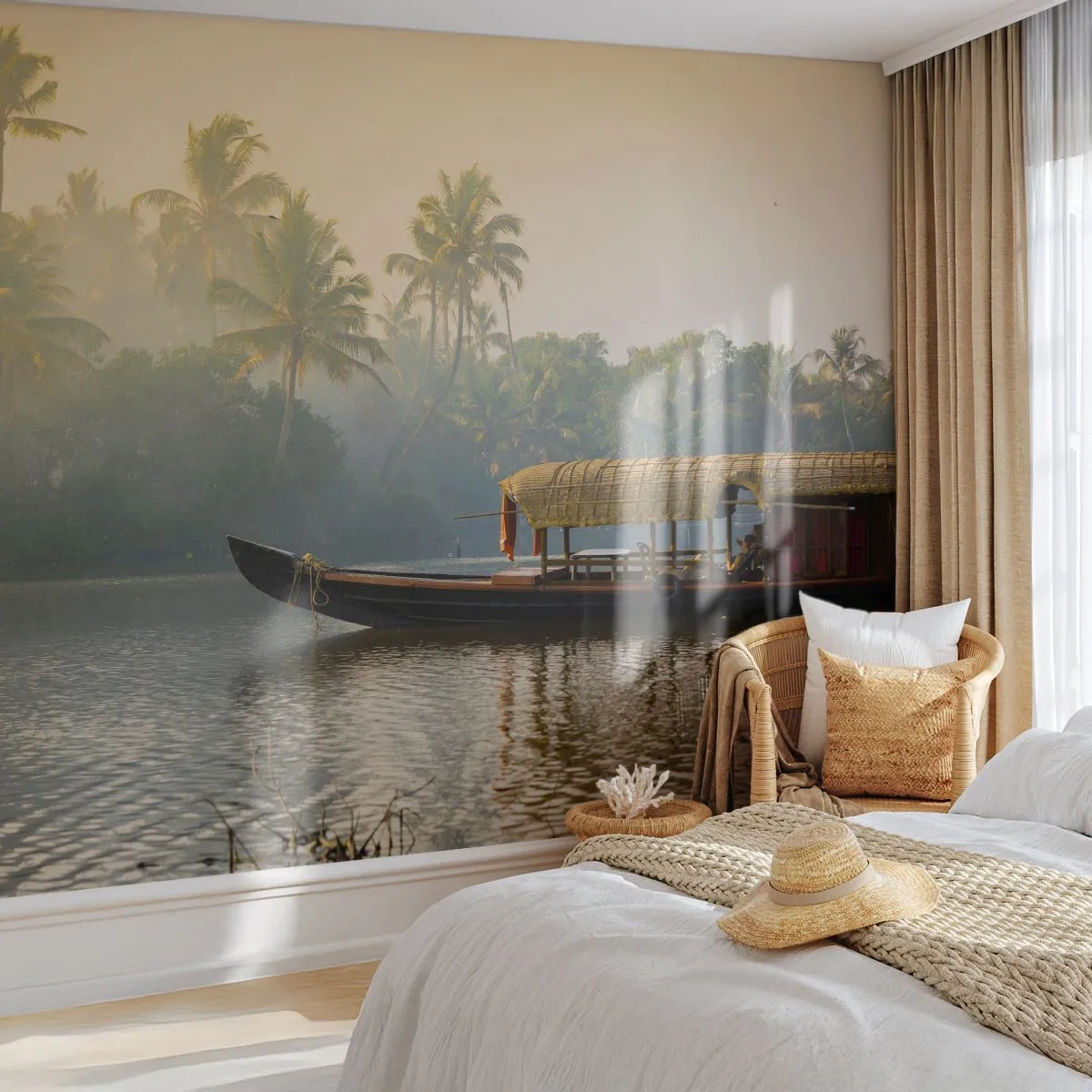Papier Peint Photo Premium Sand - Maison sur la rivière - Inde, Paysage, Rivière - 100x70 cm