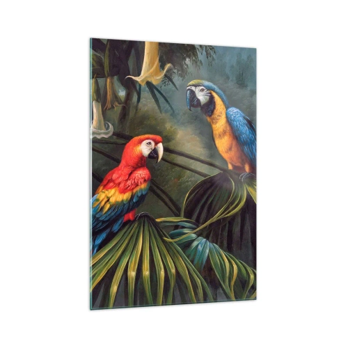 Impression sur verre - Image sur verre - Perroquets dans une forêt tropicale avec des fleurs exotiques en arrière-plan - 70x100cm - Romantisme dans les tropiques - Décoration murale moderne pour le salon et la chambre ARTTOR
