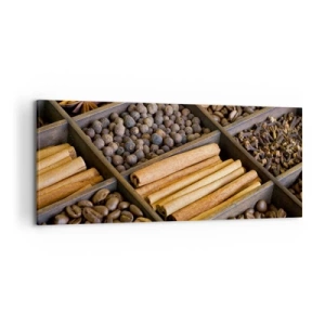 Impression sur toile - Image sur toile - Épices et café dans des compartiments en bois - 120x50cm - Trésor d'arômes - Décoration murale moderne pour le salon et la chambre ARTTOR
