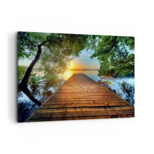 Impression sur toile - Image sur toile - Une jetée en bois entourée de verdure au coucher du soleil - 100x70cm - Prenez votre temps, asseyez-vous - Décoration murale moderne pour le salon et la chambre ARTTOR