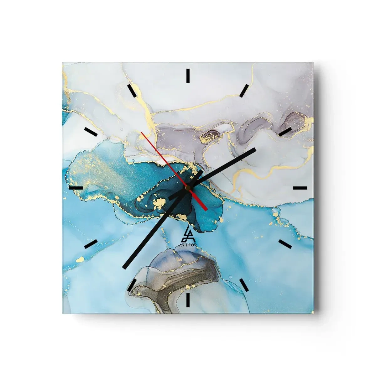 Horloge murale - Pendule murale - Abstraction dans les tons de bleu et d'or avec des lignes subtiles - 30x30cm - Etude de la rencontre gris et turquoise - Décoration murale moderne pour le salon et la chambre ARTTOR