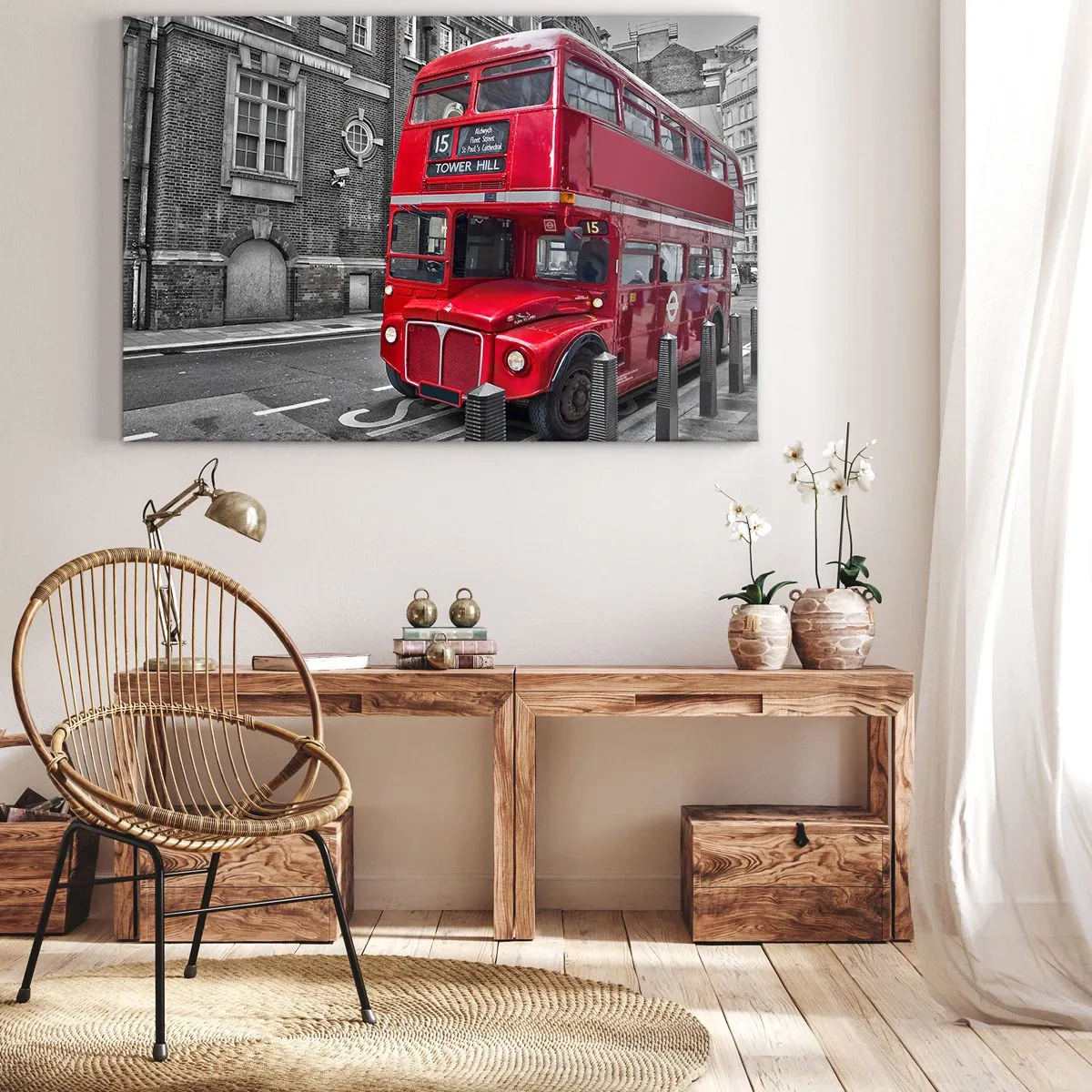Impression sur toile - Image sur toile - Un bus rouge à impériale à Londres sur fond d'architecture classique - 100x70cm - Toujours la même chose - Décoration murale moderne pour le salon et la chambre ARTTOR