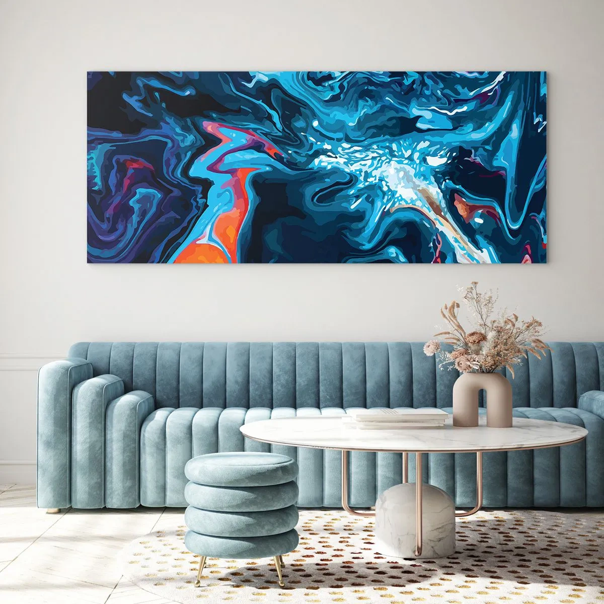 Impression sur verre - Image sur verre - Un motif abstrait dans des tons de bleu avec des accents orange. - 120x50cm - Voyage au centre du ciel - Décoration murale moderne pour le salon et la chambre ARTTOR