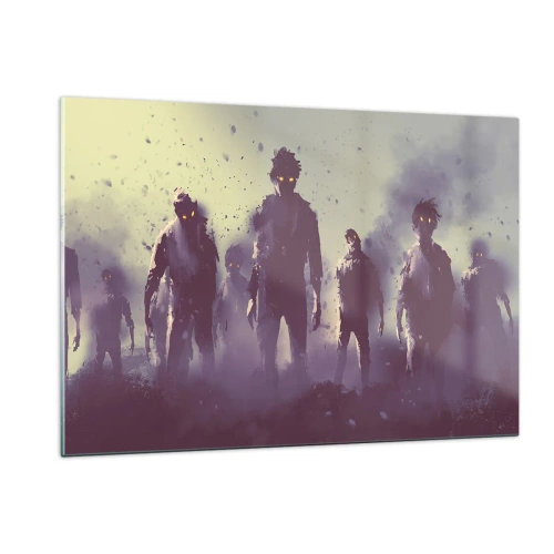Impression sur verre - Image sur verre - Une illustration sombre d'un groupe de personnages dans le brouillard - 120x80cm - Fais attention! Ils arrivent - Décoration murale moderne pour le salon et la chambre ARTTOR