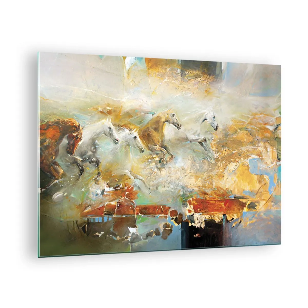 Impression sur verre - Image sur verre - Chevaux abstraits en mouvement dynamique - 70x50cm - Au galop vers la lumière - Décoration murale moderne pour le salon et la chambre ARTTOR