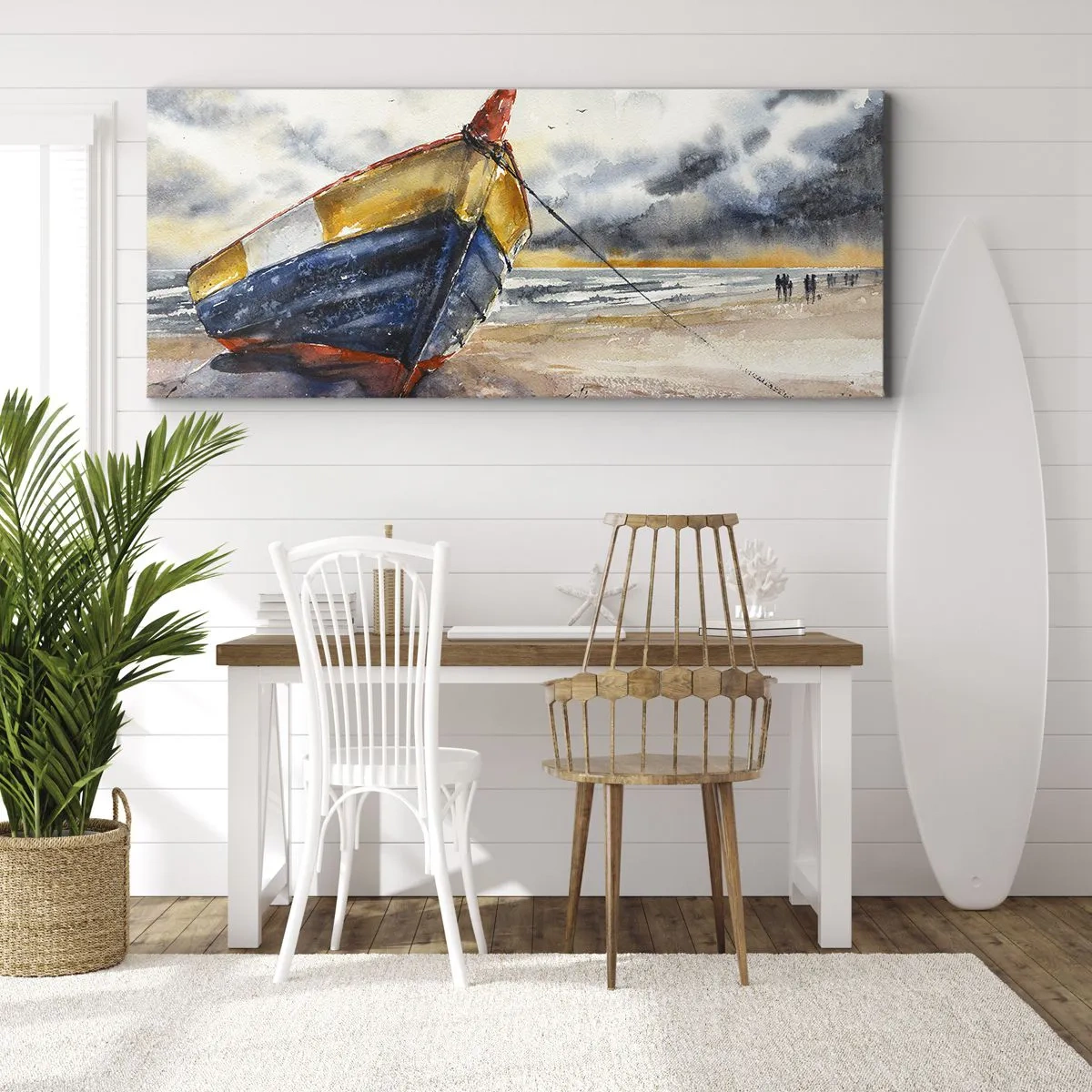 Impression sur toile - Image sur toile - Un bateau pittoresque sur la plage sous un ciel nuageux - 160x50cm - Repos sur le rivage - Décoration murale moderne pour le salon et la chambre ARTTOR