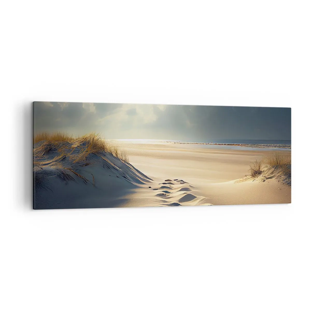 Impression sur toile - Image sur toile - Dunes dorées sur la plage au coucher du soleil avec vue sur la mer - 140x50cm - Un paysage apaisant - Décoration murale moderne pour le salon et la chambre ARTTOR