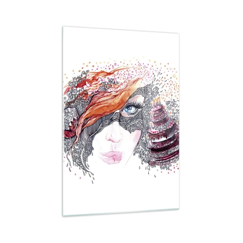 Impression sur verre - Image sur verre - Portrait artistique d'une femme avec des détails et un accent rouge - 70x100cm - Avec elle, c'est tous les jours la fête - Décoration murale moderne pour le salon et la chambre ARTTOR