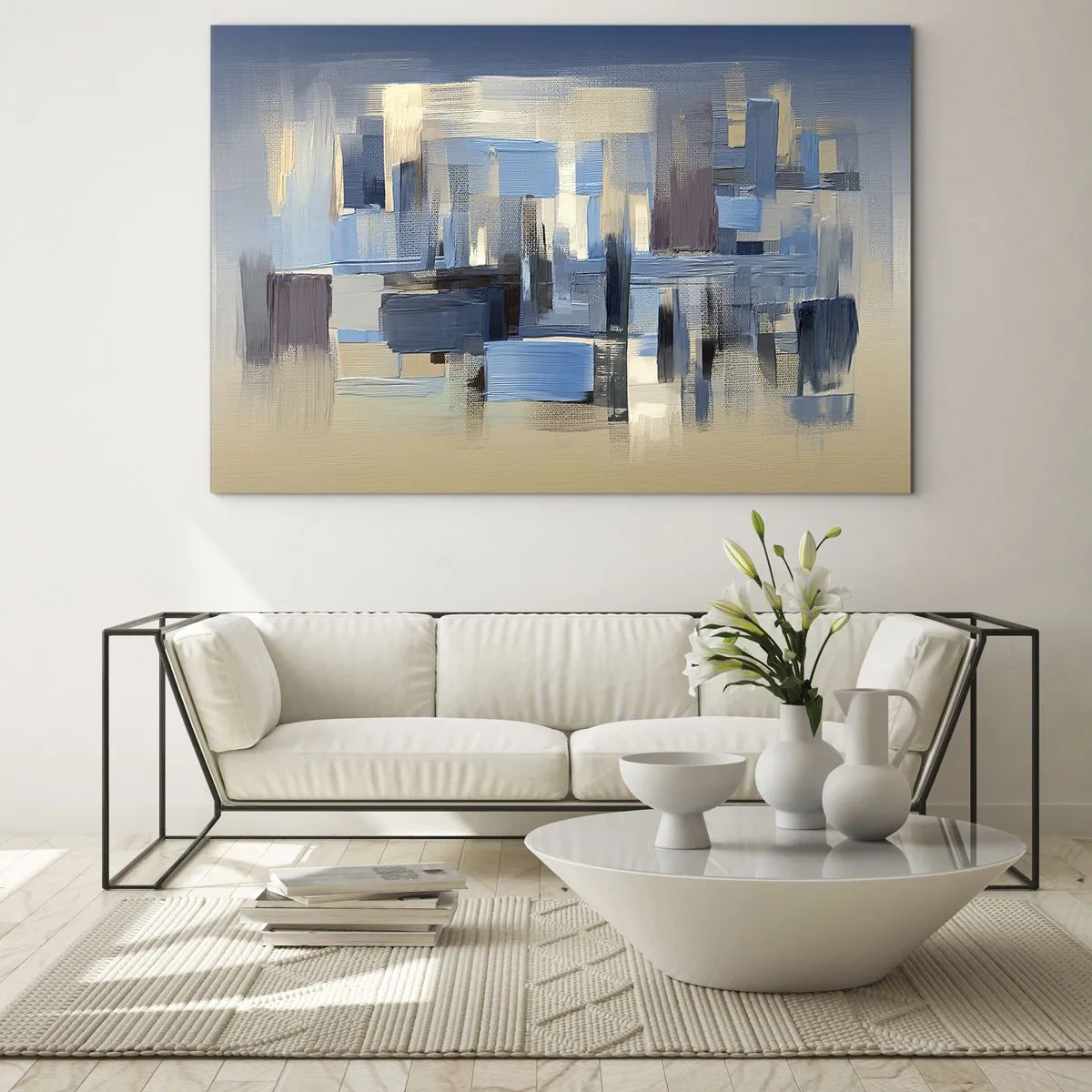 Impression sur verre - Image sur verre - Coups de pinceau géométriques dans les tons de bleu et de beige - 70x50cm - Construction bleue - Décoration murale moderne pour le salon et la chambre ARTTOR