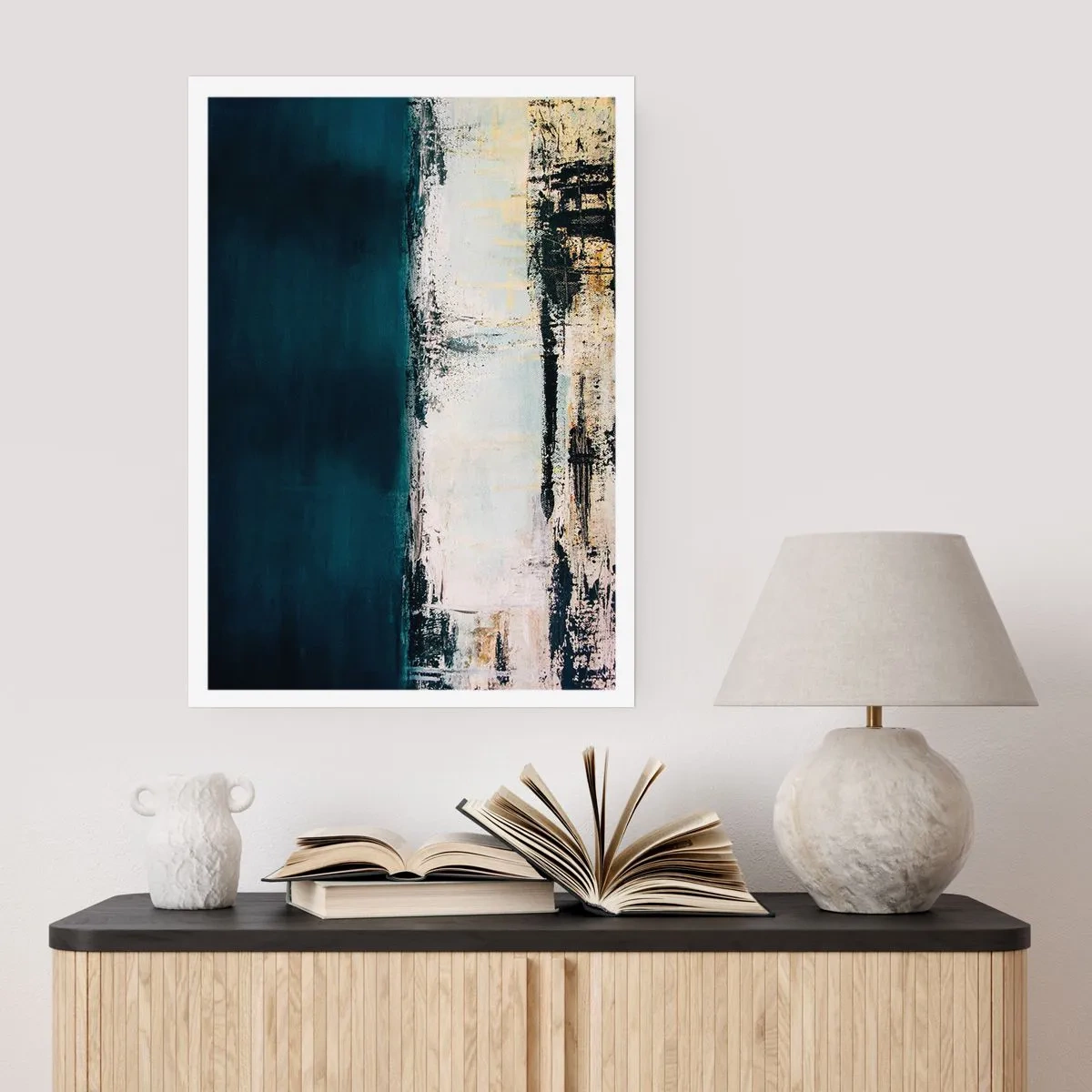 Affiche - Poster - Composition abstraite dans les tons bleu marine et beige - 50x70cm - Composition horizontale - Décoration murale moderne pour le salon et la chambre ARTTOR