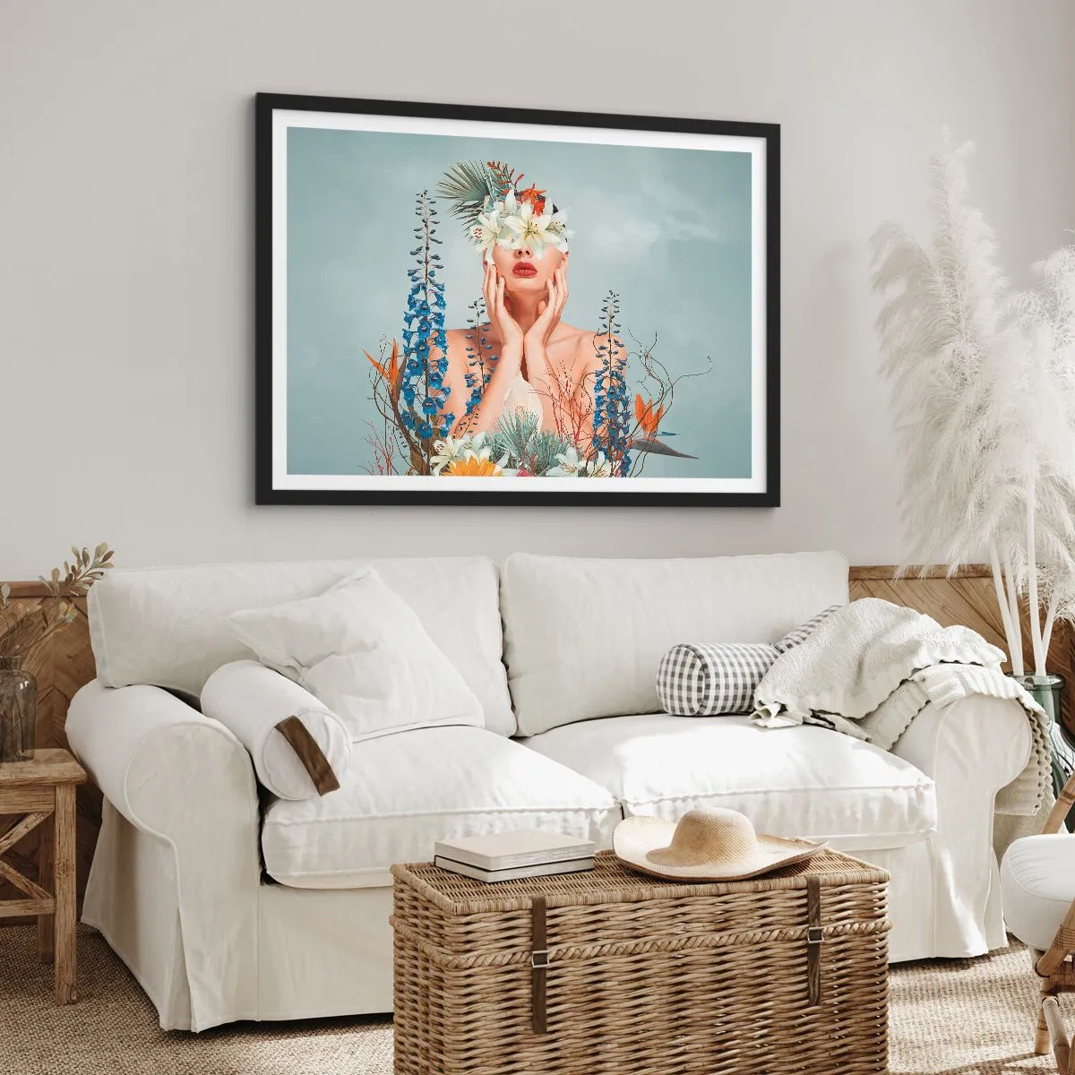 Affiche dans un cadre noir - Poster - Portrait d'une femme avec un motif floral sur fond bleu - 70x50cm - Femme - fleur - Décoration murale moderne pour le salon et la chambre ARTTOR