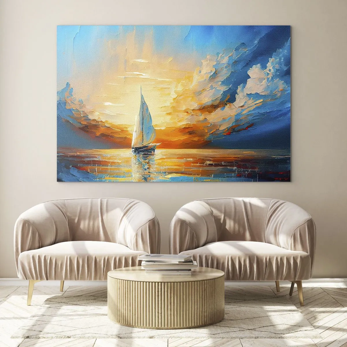 Impression sur verre - Image sur verre - Un voilier en mer à la lumière du soleil couchant - 70x50cm - Expédition en or - Décoration murale moderne pour le salon et la chambre ARTTOR