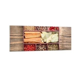 Impression sur verre - Image sur verre - Boîte en bois avec diverses épices dans des compartiments - 140x50cm - Ordre des formes, bouquet d'arômes - Décoration murale moderne pour le salon et la chambre ARTTOR