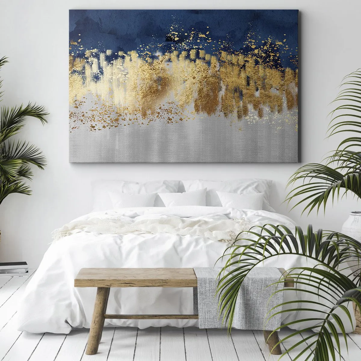 Impression sur toile - Image sur toile - Une composition abstraite dans des tons d'or et de bleu marine. - 70x50cm - Une composition moderne et pétillante - Décoration murale moderne pour le salon et la chambre ARTTOR