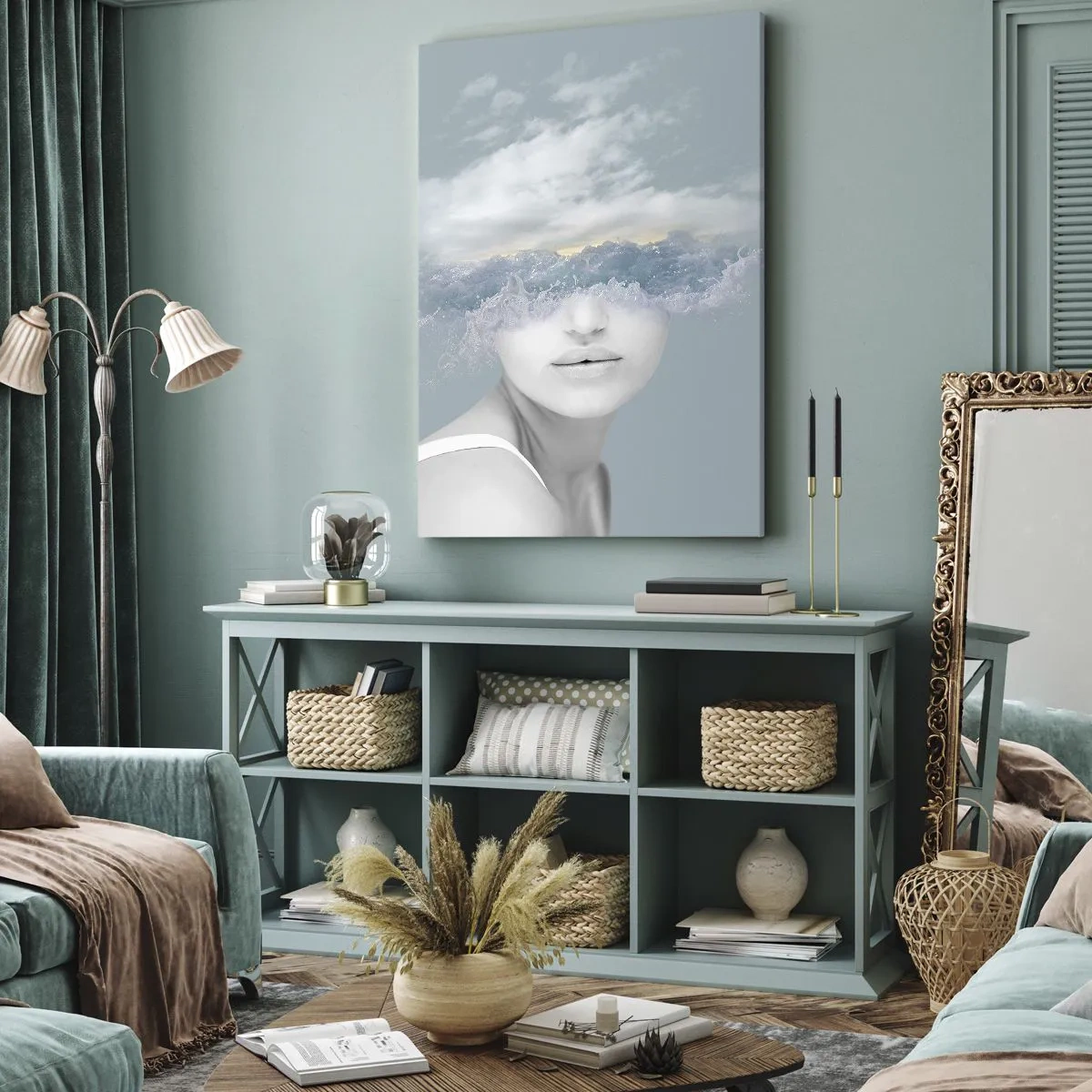 Impression sur toile - Image sur toile - Portrait d'une femme avec son visage caché derrière les nuages et les vagues - 50x70cm - La tête dans les nuages - Décoration murale moderne pour le salon et la chambre ARTTOR